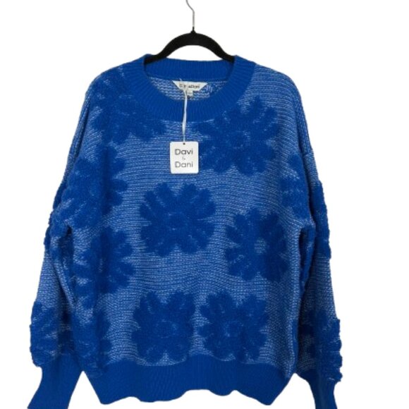 Davi & Dani NEW 3D Flower Texture Round Neck Dropped Shoulder Sweater Sz L Blue - Picture 4 of 11